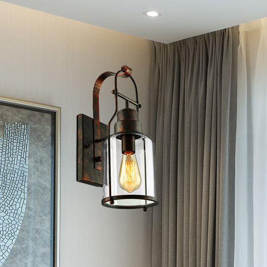 Cylinder Clear Glass Wall Mount Sconce Light - Industrial Single Bulb Lamp For Living Room