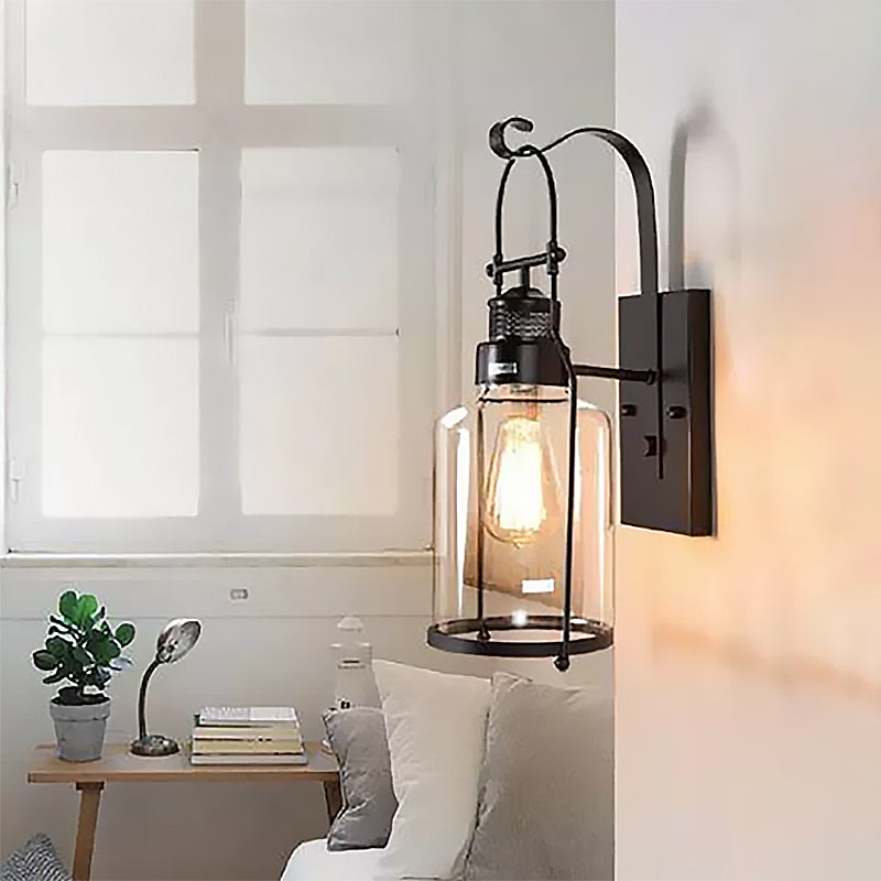 Cylinder Clear Glass Wall Mount Sconce Light - Industrial Single Bulb Lamp For Living Room