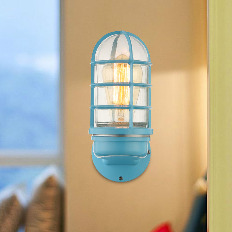 Industrial Glass Wall Lamp With Cage Single Bulb In Pink/Blue/Green For Living Room Sconce