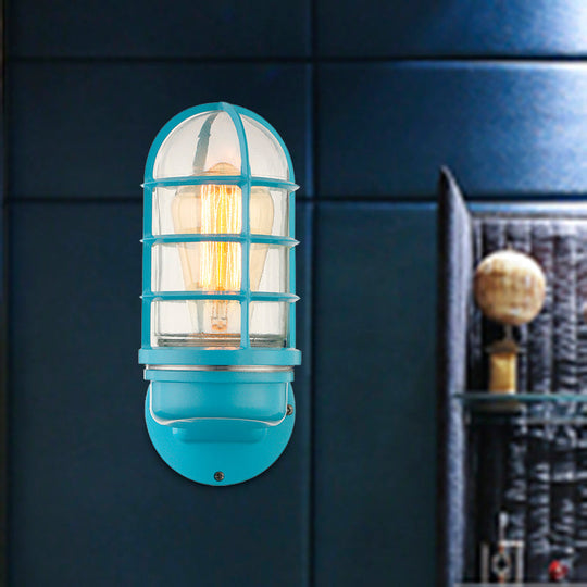 Industrial Glass Wall Lamp With Cage Single Bulb In Pink/Blue/Green For Living Room Sconce