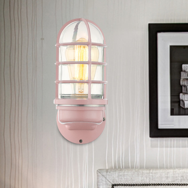 Industrial Glass Wall Lamp With Cage Single Bulb In Pink/Blue/Green For Living Room Sconce