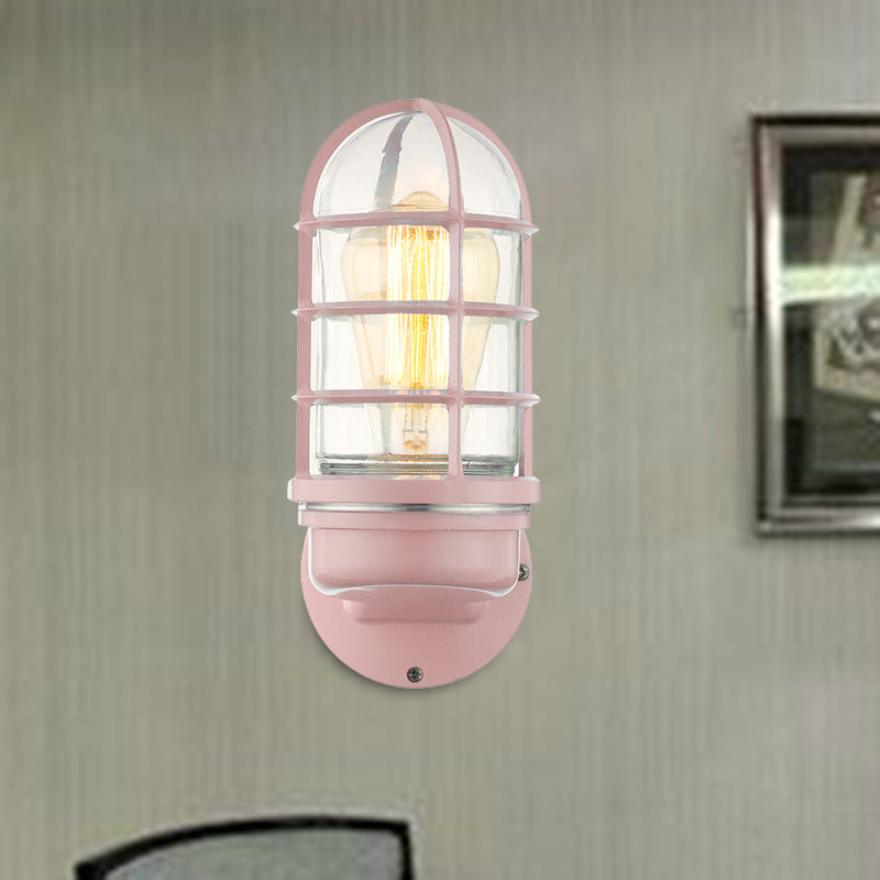 Industrial Glass Wall Lamp With Cage Single Bulb In Pink/Blue/Green For Living Room Sconce