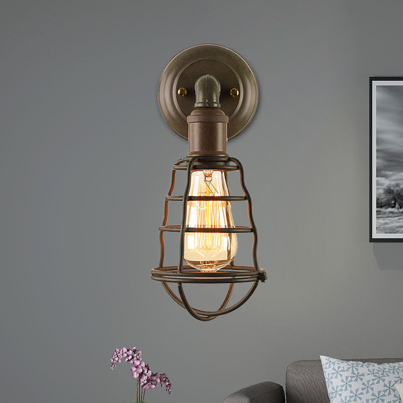 Farmhouse Rust Finish Mini Wall Lamp With Cage Shade - Antique Style Iron 1-Light Mount Lighting