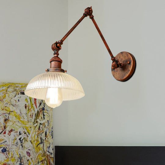 Industrial Antique Brass/Black/Rust Swing Arm Wall Sconce With Ribbed Glass Shade - Perfect Living