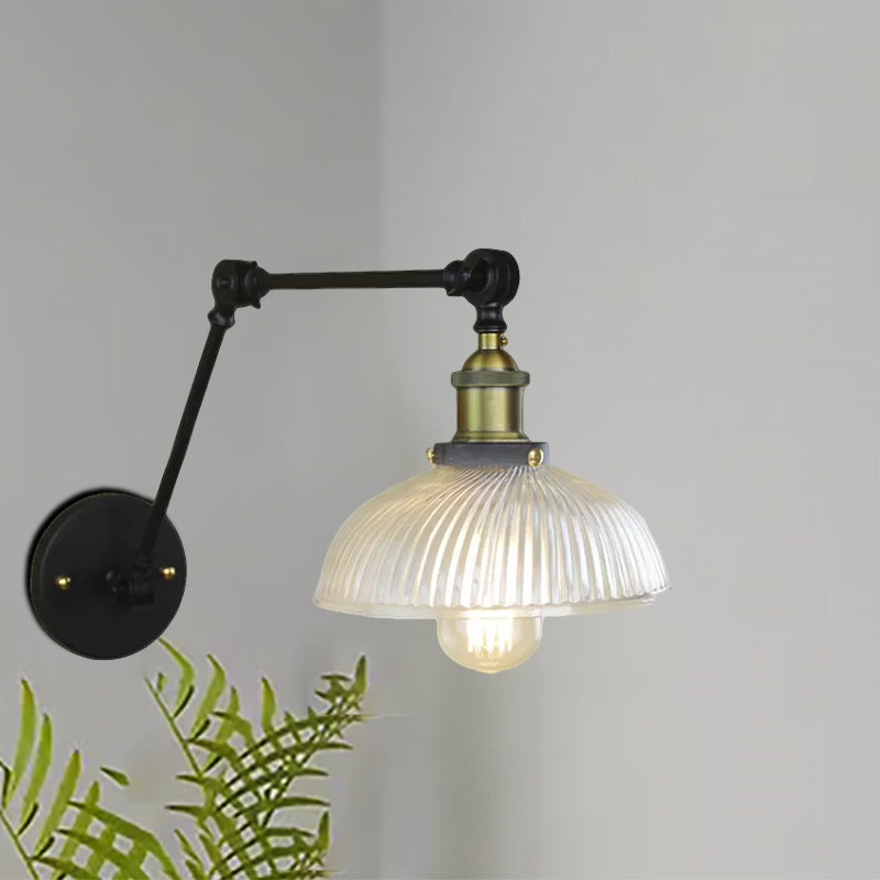 Industrial Antique Brass/Black/Rust Swing Arm Wall Sconce With Ribbed Glass Shade - Perfect Living