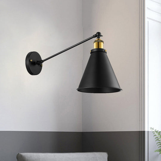 Industrial Conic Shade Sconce Wall Light With 1 Bulb Metallic Black Lamp For Corridor