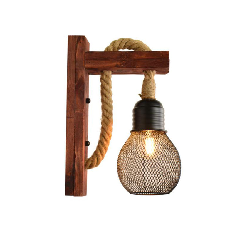 Coastal Rope Exposed Bulb Sconce - Red/Brown/Wood Wall Mounted Lamp