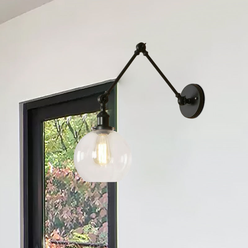 Industrial Bedroom Wall Sconce Lighting Fixture With Clear Glass Globe Shade - Black/Antique