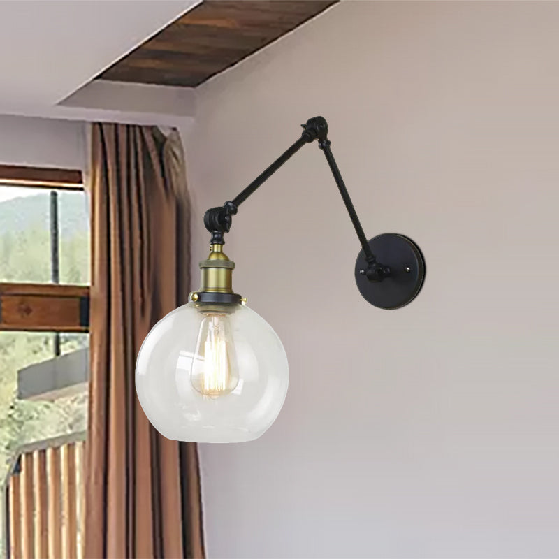 Industrial Bedroom Wall Sconce Lighting Fixture With Clear Glass Globe Shade - Black/Antique