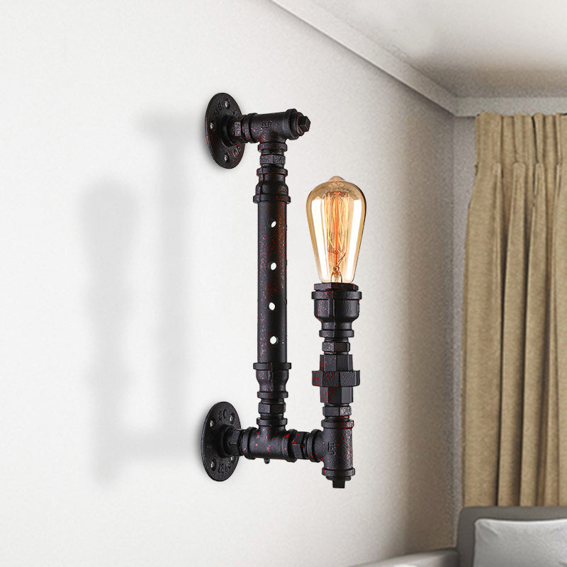 Industrial Wrought Iron Wall Sconce With Bronze Finish & Water Pipe - 1-Light Indoor Lighting