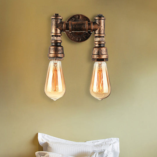 Vintage Industrial 2-Light Wall Sconce With Water Pipe Décor In Black/Antique Brass