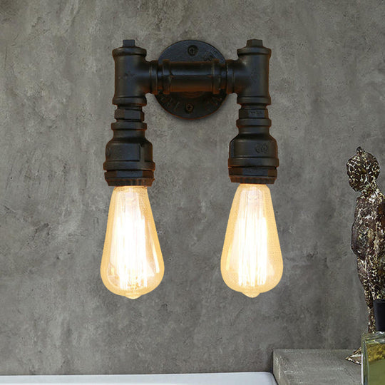 Vintage Industrial 2-Light Wall Sconce With Water Pipe Décor In Black/Antique Brass