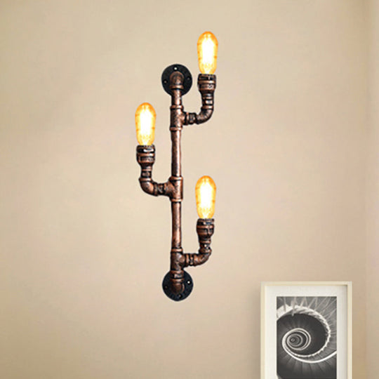 Warehouse Water Pipe Wall Sconce Lamp - Exposed Bulb Iron Light In Weathered Copper (2/3 Lights)