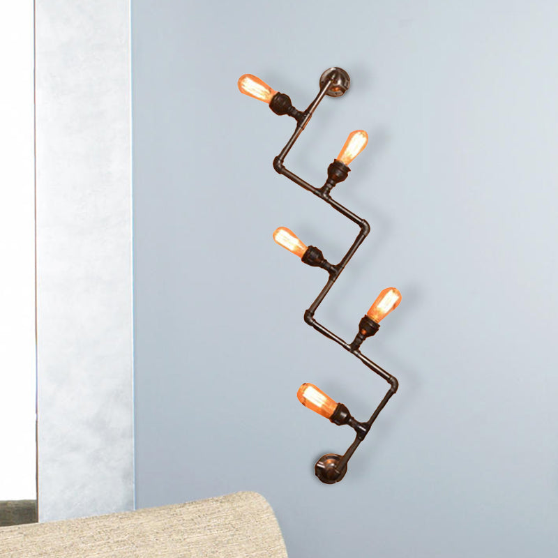 Industrial Style Bronze Wall Sconce With Wavy Design - Metallic Pipe Finish 2/5 Bulbs Perfect For