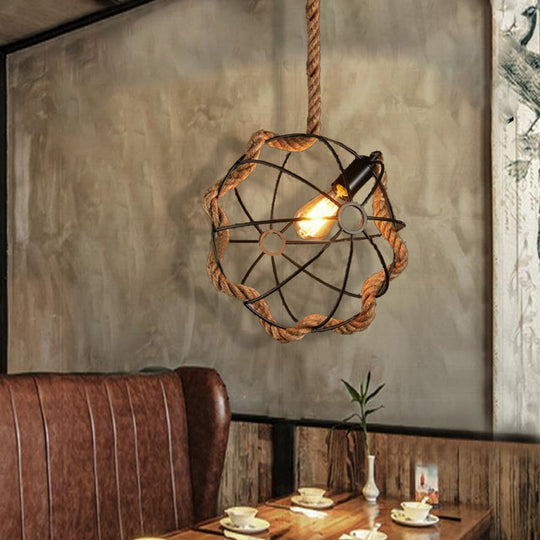 Industrial Beige Pendant Light: Metal & Rope Hanging Lamp for Dining Room