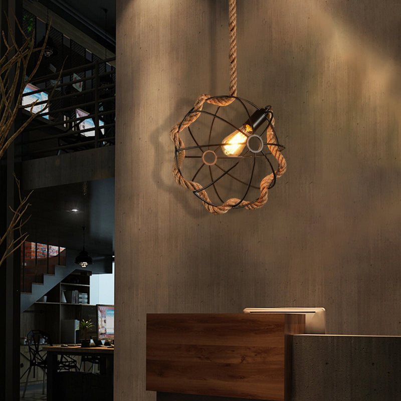 Industrial Beige Pendant Light: Metal & Rope Hanging Lamp for Dining Room