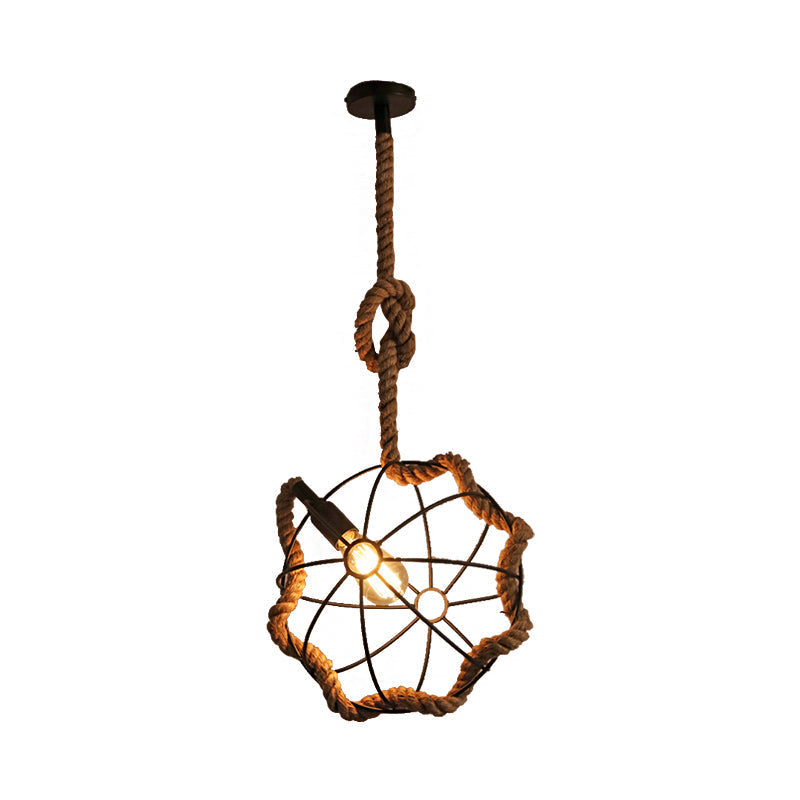 Industrial Beige Pendant Light: Metal & Rope Hanging Lamp for Dining Room