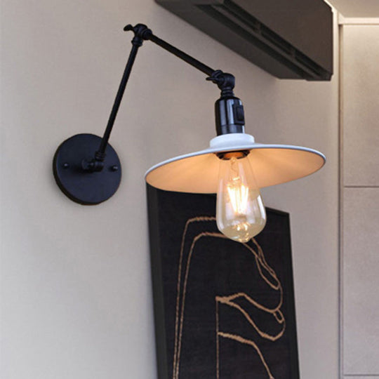 Swing Arm Metal Wall Sconce With Saucer Shade - Black/White 1 Light Fixture For Living Room