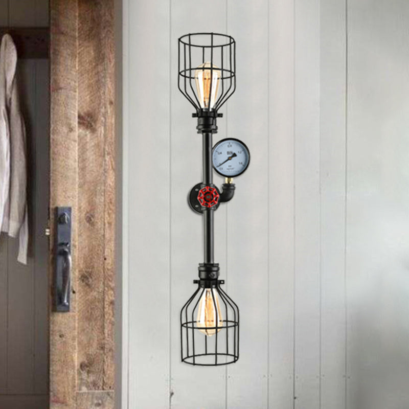 Industrial Metal Wall Sconce With 2 Bulbs Cage Shade And Gauge - Black Finish