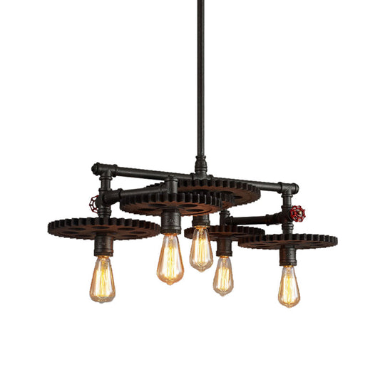 Vintage Metal Chandelier with Black Cog Top and Valve - Dining Room Hanging Light (3/5/7-Light)