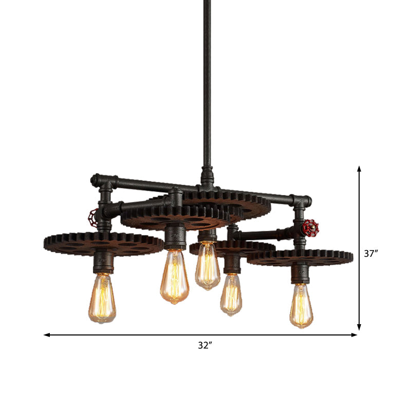 Vintage Metal Chandelier with Black Cog Top and Valve - Dining Room Hanging Light (3/5/7-Light)