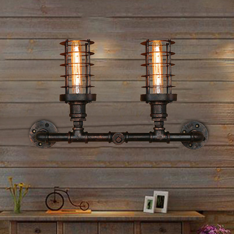 Steampunk Cylinder Wall Lamp With Wire Frame - 2 Head Iron Sconce Lighting In Aged Bronze For Living