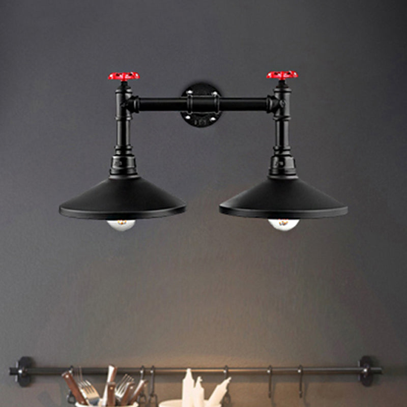 Black Industrial Cone Wall Mounted Light With Red Valve: 2 Heads Metal Lamp For Hallway