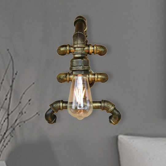 Steampunk Iron 1-Light Antique Brass Sconce With Curved Pipe Expose Bulb Bathroom Wall Lighting