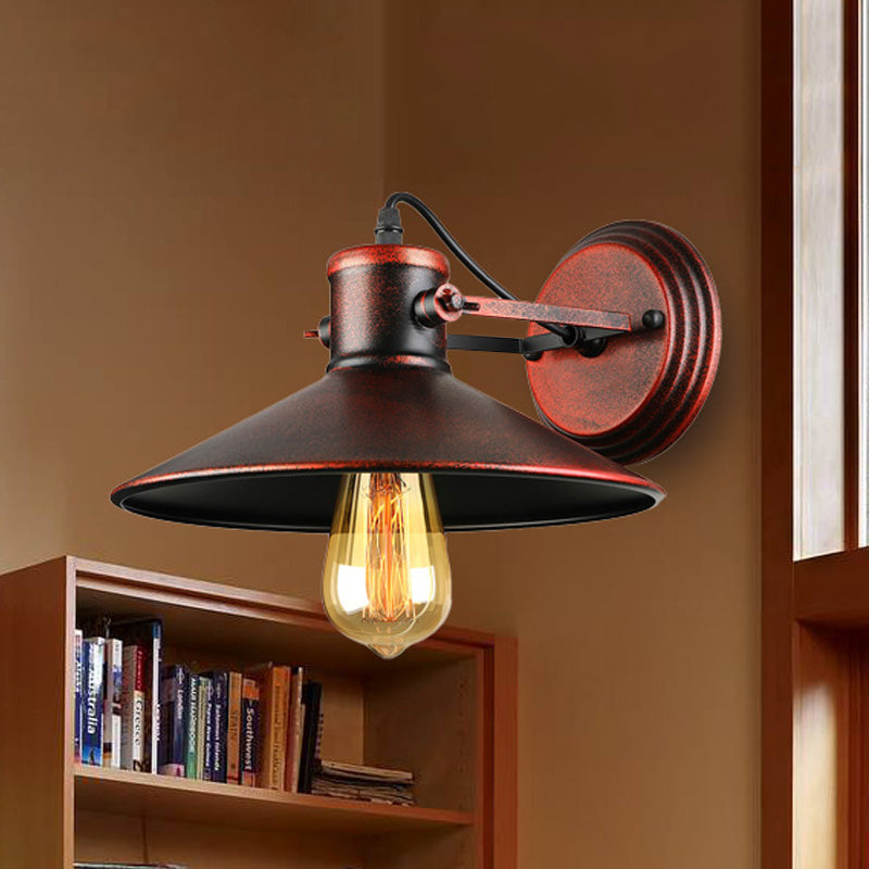 Antique Style Metallic Saucer Sconce Wall Lighting 1 Bulb Corridor Lamp In Black/Rust