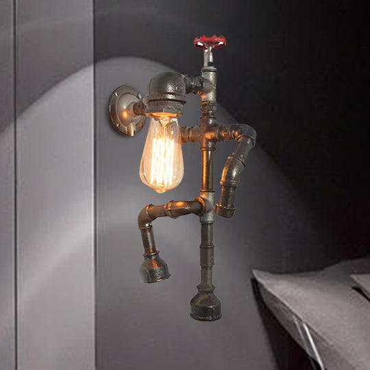 Vintage Robot Sconce Light With Exposed Bulb And Red Valve - Bronze Finish For Hallway Wall Lighting