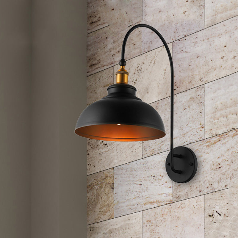 Black Industrial Style Wall Sconce With Bowl Shade & Arched Arm - Bedside Lighting Solution