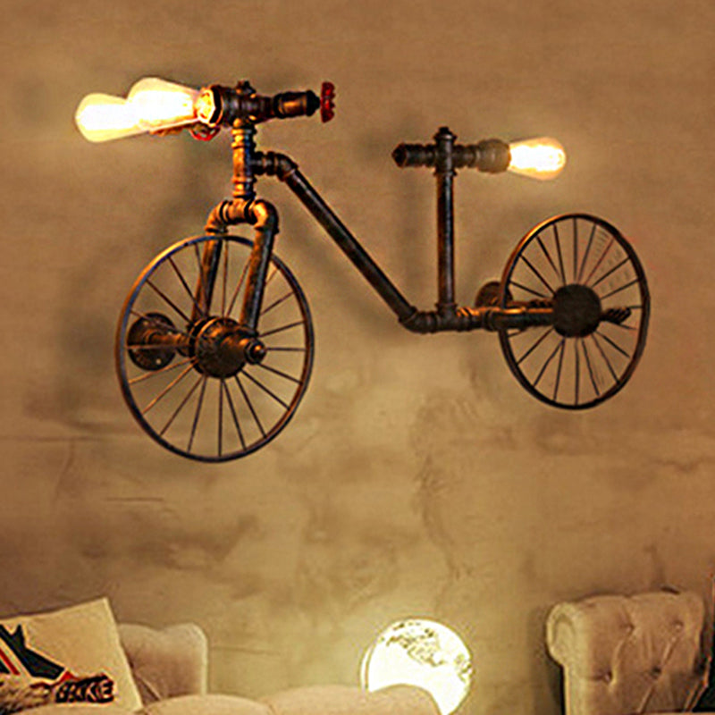 Antique Bronze Metallic Bicycle Wall Light With Farmhouse Pipe Detailing - 3-Light Sconce For Living