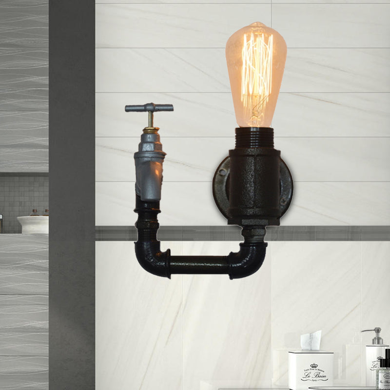 Industrial Metal Wall Sconce With Gauge/Faucet Decoration - Black 1-Light Mini Lighting For Living