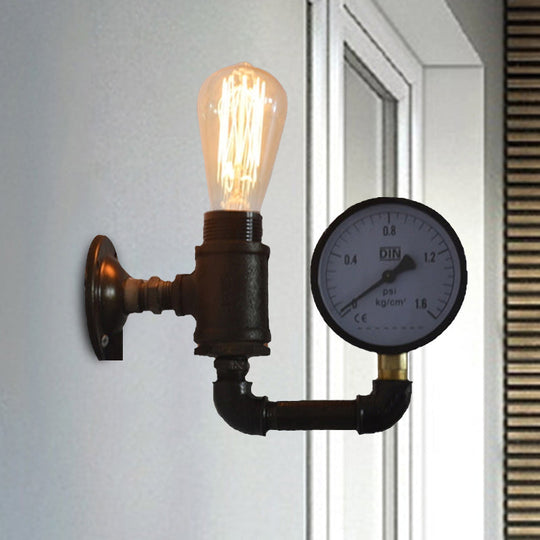 Industrial Metal Wall Sconce With Gauge/Faucet Decoration - Black 1-Light Mini Lighting For Living