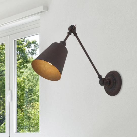 Contemporary Metallic Wall Mount Light: Adjustable Arm Black/Rust Tapered Bedroom Sconce