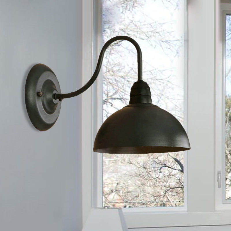 Black Retro Wall Sconce With Domed Metallic Shade And Curved Arm