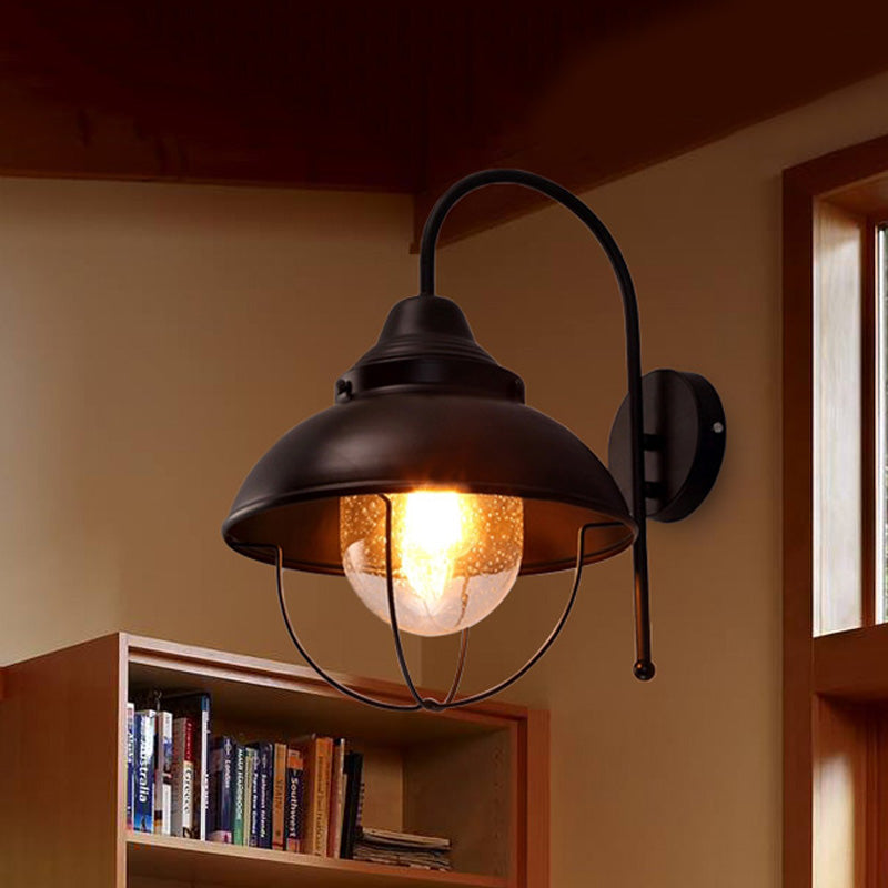 Black Farmhouse Dome Wall Light Fixture With Cage - Seeded Glass Shade 1 Metal Sconce