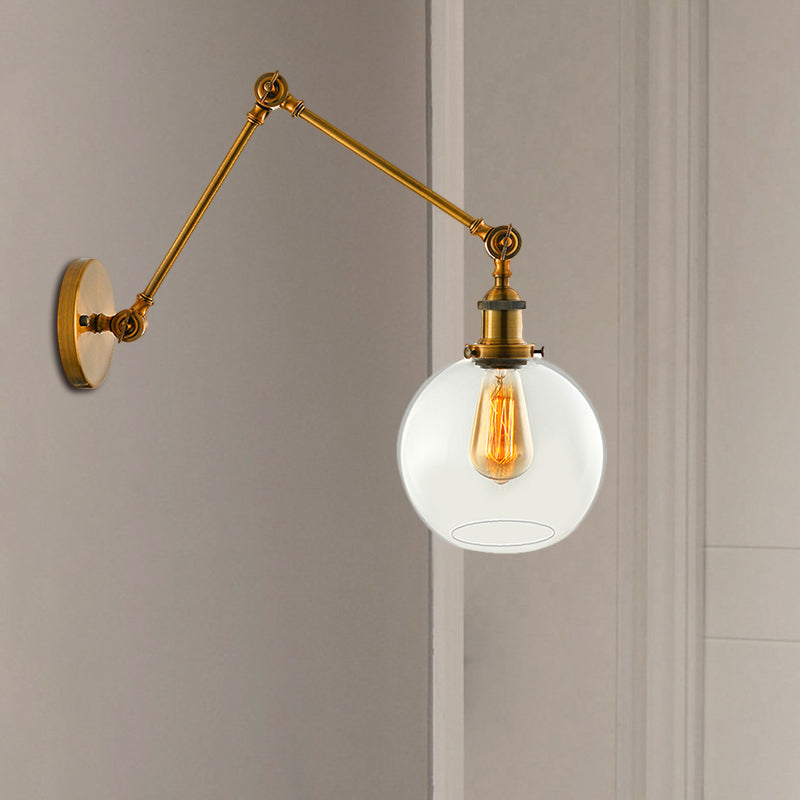 Vintage Brass Sconce: Clear Glass Spherical Lighting Fixture For Bedroom