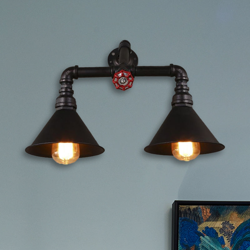 Vintage Cone Wall Lamp - 2-Light Metallic Sconce In Black 14.5/18.5 Width