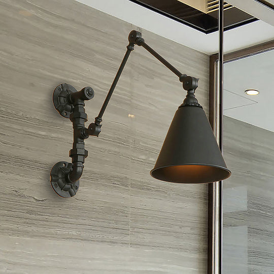 Industrial Black Metal Wall Mount Swing Arm Sconce With Cone Shade - Stylish Lighting Fixture