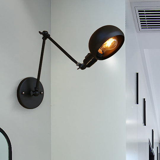 Industrial Black Swing Arm Wall Sconce With Bowl Shade - Metal Lighting For Study Room