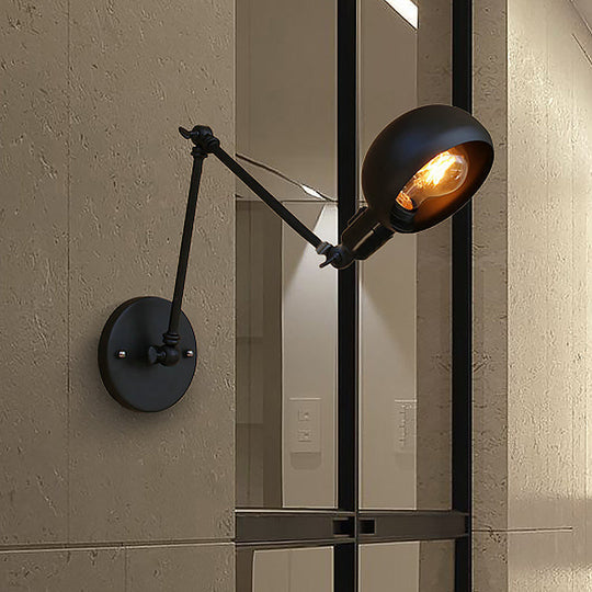 Industrial Black Swing Arm Wall Sconce With Bowl Shade - Metal Lighting For Study Room