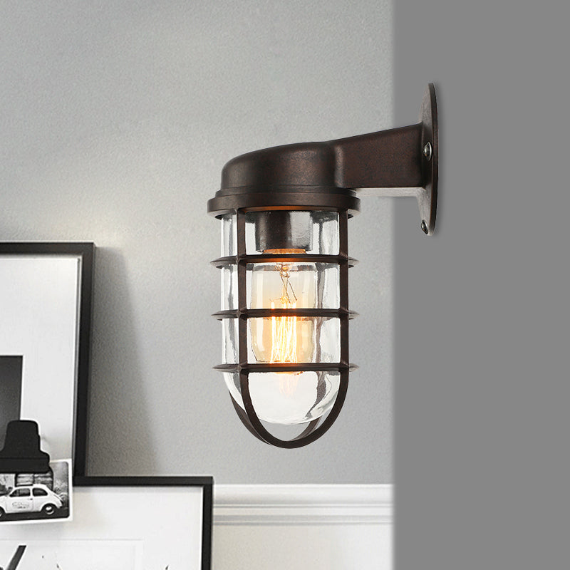 Clear Glass Caged Sconce Light - Black/White/Rust 1-Light Traditional Wall Lamp For Porch