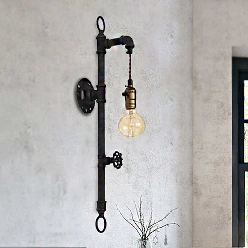 Antique Industrial Metal 1-Bulb Black Water Pipe Wall Mount Sconce Light For Dining Room With Valve