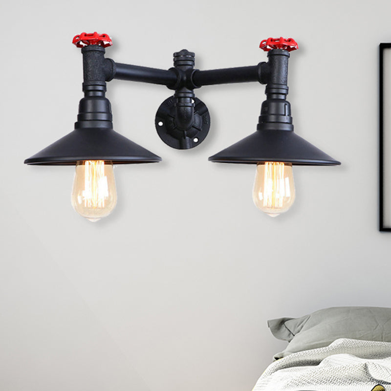 Industrial Style Sconce Light With Cone Shade Valve Wheel And Pipe In Black (2 Bulbs)