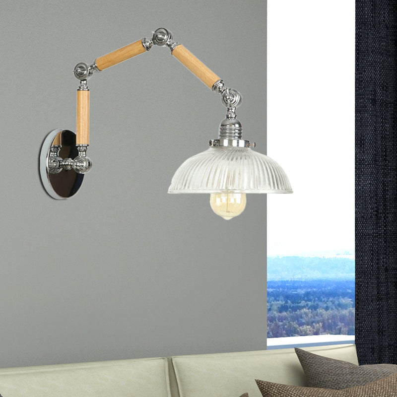 Industrial Ribbed Glass Silver Sconce Light With Rotatable Arm