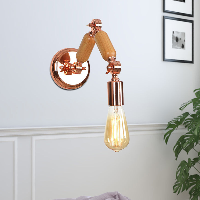 Rustic Rose Gold Wooden Sconce With Industrial Metal And Bare Bulb - Living Room Wall Light