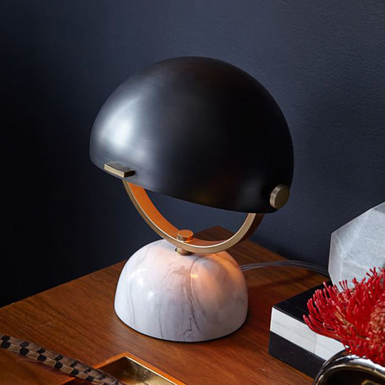 Modern Black/Red Domed Table Lamp With Marble Base - Bedroom Metal Light