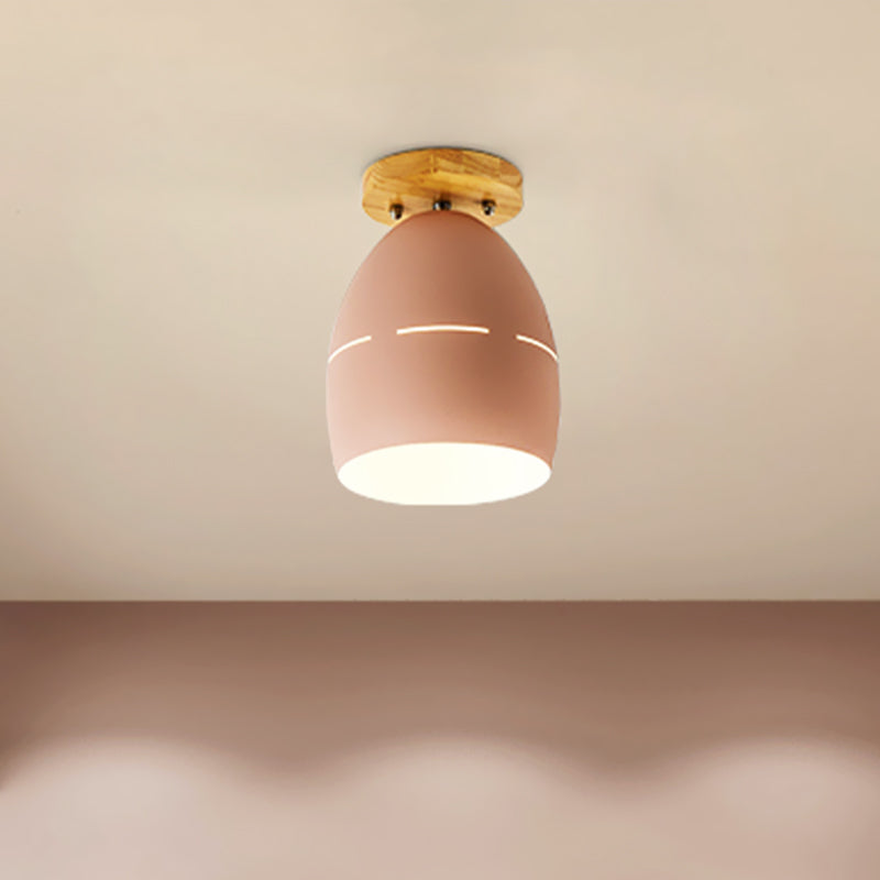 Modern Metal Semi-Flush Ceiling Light - 1 Light Oval Semi Flush Mount Lighting in Pink/Yellow/Green for Bedroom