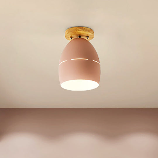 Modern Metal Semi-Flush Ceiling Light - 1 Light Oval Semi Flush Mount Lighting in Pink/Yellow/Green for Bedroom